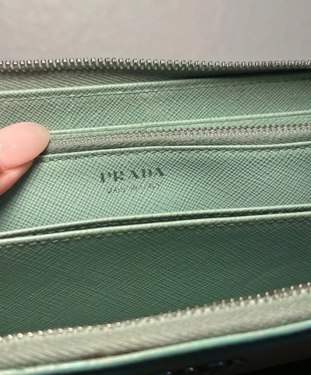 Prada Zip Around Saffiano Leather Long Wallet Green Travel Silver Logo Accent